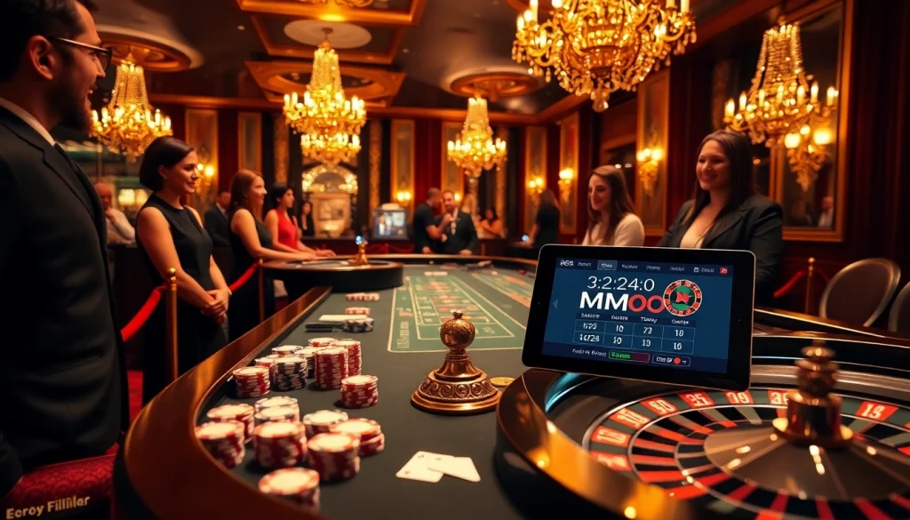 Engaged players strategizing at an MMOO-themed casino table, surrounded by high-stakes elements.