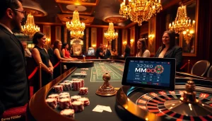 Engaged players strategizing at an MMOO-themed casino table, surrounded by high-stakes elements.