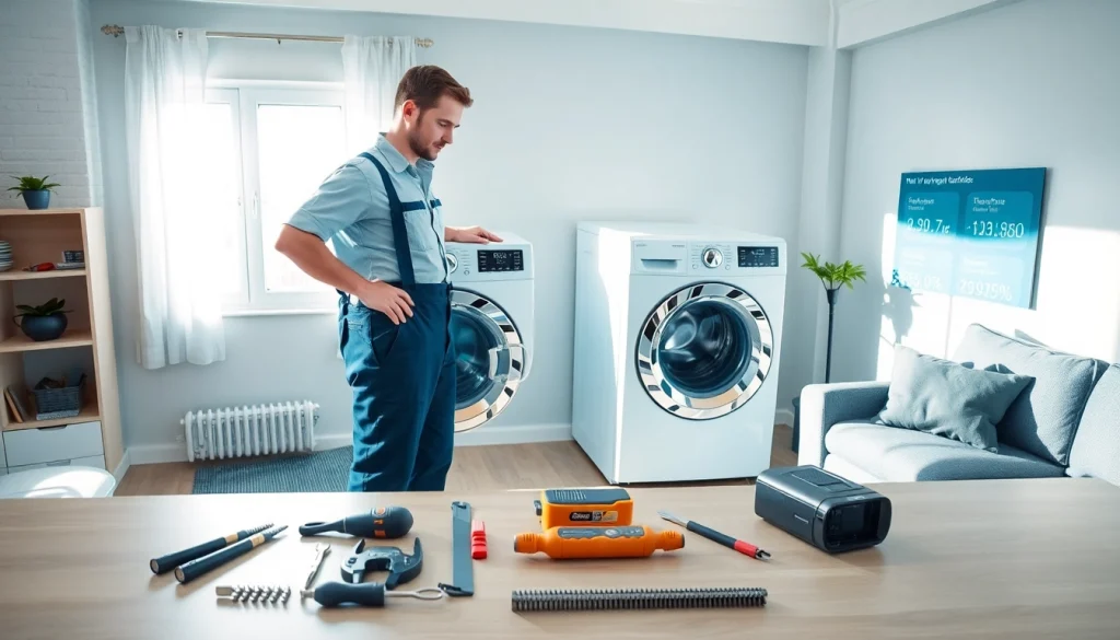 Engaging home systems and appliance protection service demonstrating a technician inspecting a washing machine.