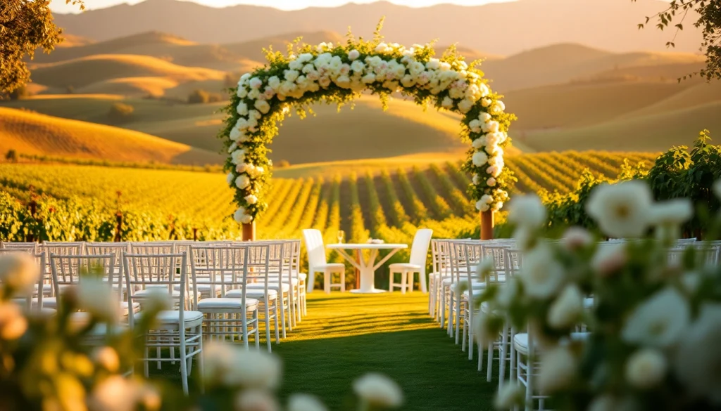 A stunning scene of Clarksburg Wedding Venues featuring a vineyard ceremony setup.
