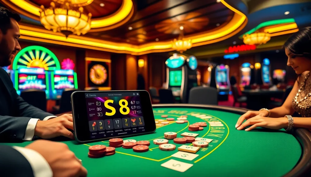 Experience high-stakes poker with S8 cards and chips in a luxurious casino setting.