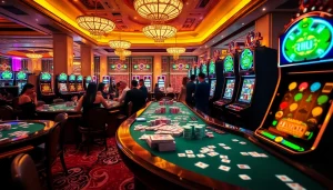 Berinteraksi dengan demo slot Mahjong dalam lingkungan kasino yang menarik, menampilkan mesin slot yang elegan dan chip poker yang berwarna-warni.