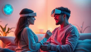 The scene of an AI sex interaction featuring a couple engaging with a futuristic device, depicting intimacy and technology.