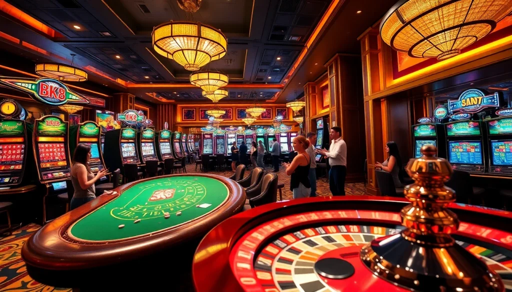 Engaging players at bk8 สล็อต in a luxurious casino atmosphere surrounded by vibrant slot machines.