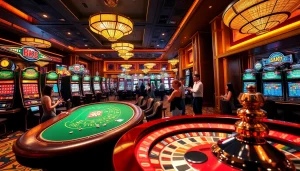 Engaging players at bk8 สล็อต in a luxurious casino atmosphere surrounded by vibrant slot machines.