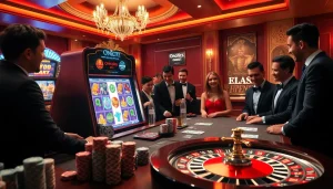 Experience the thrill of onicplay at an exciting casino table with vibrant slot machines and eager players.