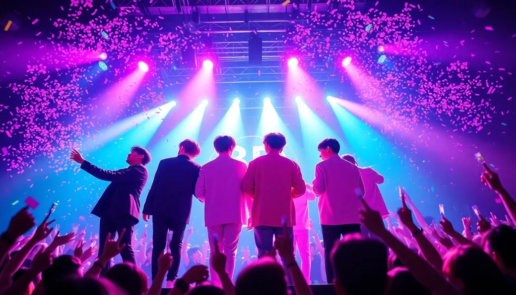 BTS news: BTS performing live at a vibrant concert, surrounded by energetic fans and colorful lights.