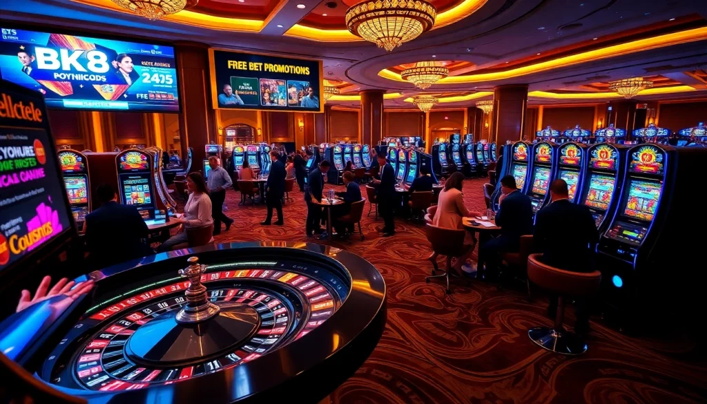 A lively casino with players at a roulette table, showcasing top offers from https://hanoiculturetravel.com/ and free bet promotions.