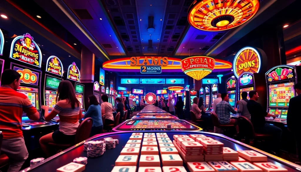 Experience the excitement of a mahjong slot demo with players spinning vibrant reels at a lively casino.