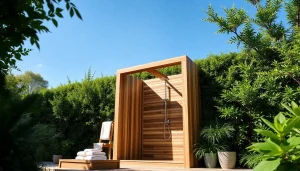 Experience the refreshing elegance of sunny shower USA in a modern outdoor shower.