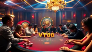 VT88 players strategizing in a lively casino scene with poker and luxury elements