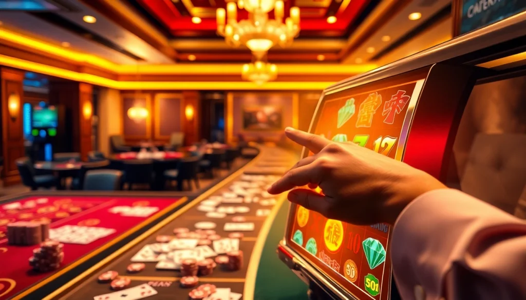 Experience the Mahjong slot demo excitement with a captivating casino scene featuring vibrant reels and casino tables.