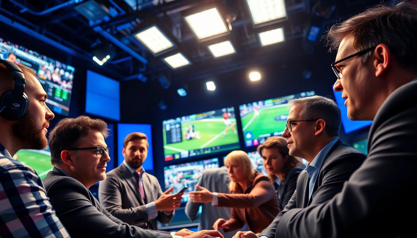 Engaged professionals discussing Sports Broadcasting in a modern studio setting.