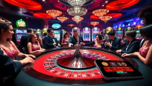 Experience thrilling gameplay at say88 com with an exciting casino ambiance featuring roulette and vibrant slot machines.