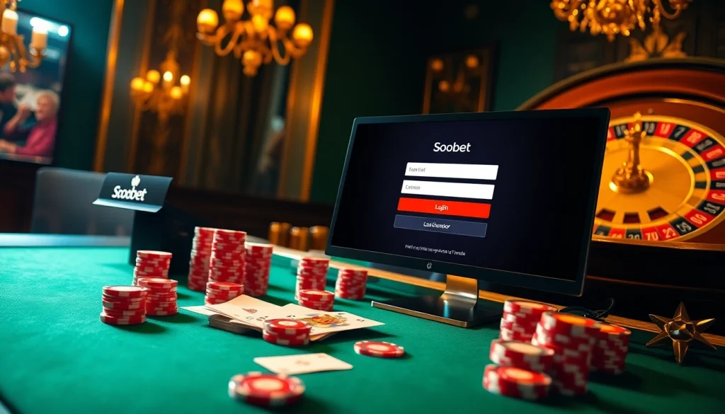 Experience sbobet login on a sophisticated online gambling interface displaying luxurious casino elements.