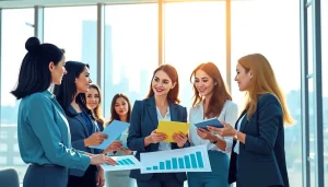 Visualize growth strategy trends with professionals collaborating in a bright office environment.