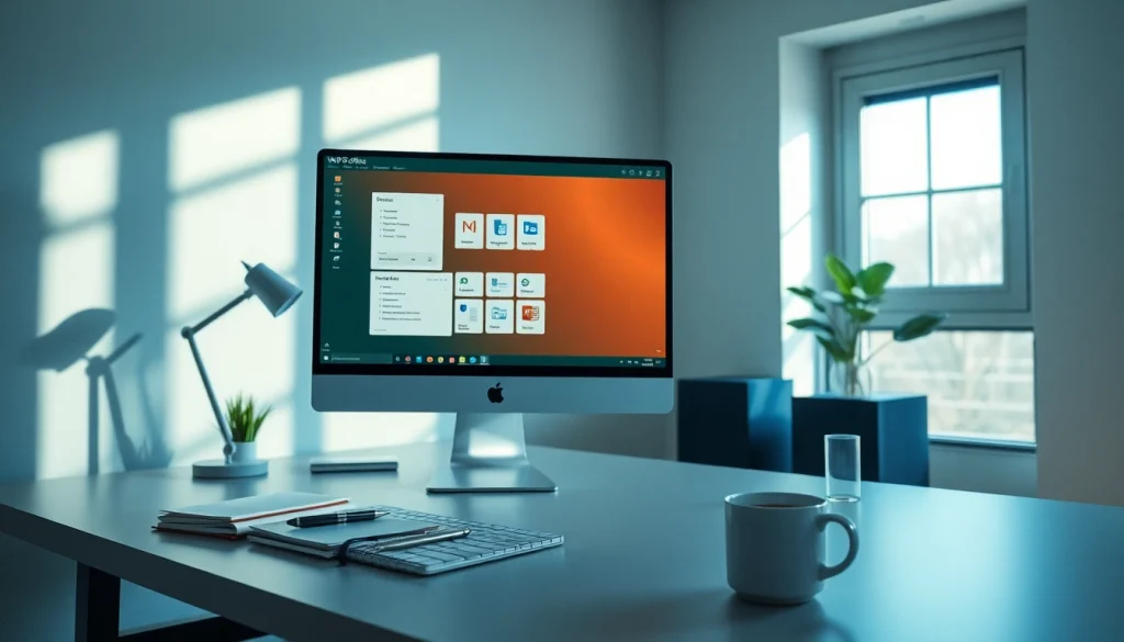 在现代工作区电脑上展示的 WPS Office，突出生产力与创新。