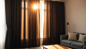 Verduisterende gordijnen in een sfeervolle woonkamer met elegance en stijl.