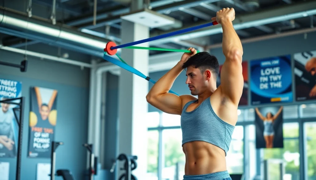 Fitness enthusiast using stretch bands for pull-ups in a bright gym setting.