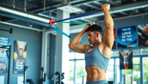 Fitness enthusiast using stretch bands for pull-ups in a bright gym setting.