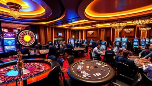 Players enjoying exciting casino games at NOHU90 with roulette wheels and poker tables.