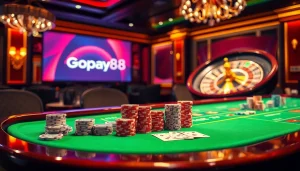 Experience the thrill of Gopay88 with luxurious casino elements like poker chips, cards, and roulette.