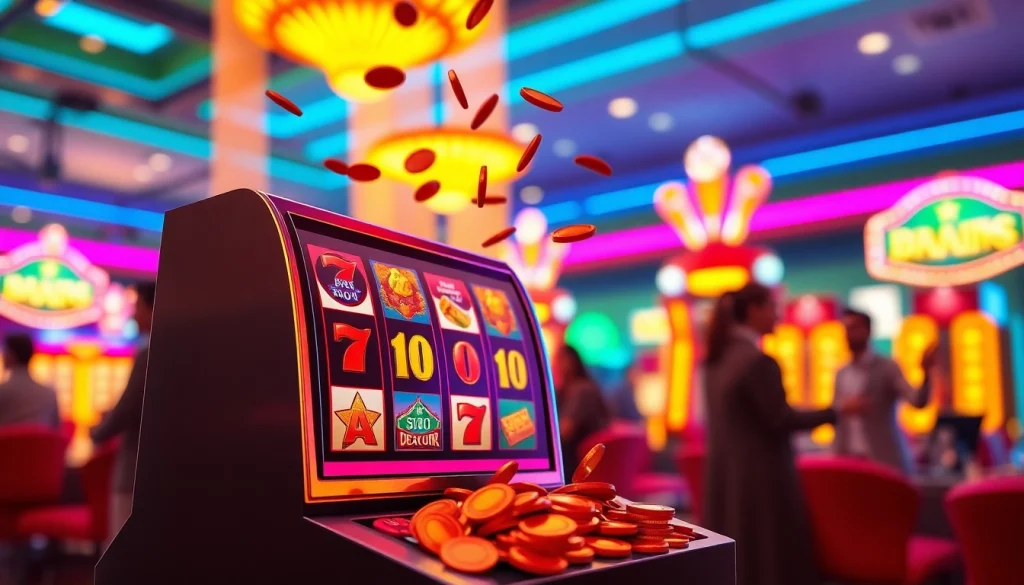 Menangkan permainan slot depo 1k dengan mesin slot digital yang penuh warna dan uang koin yang bertebangan.