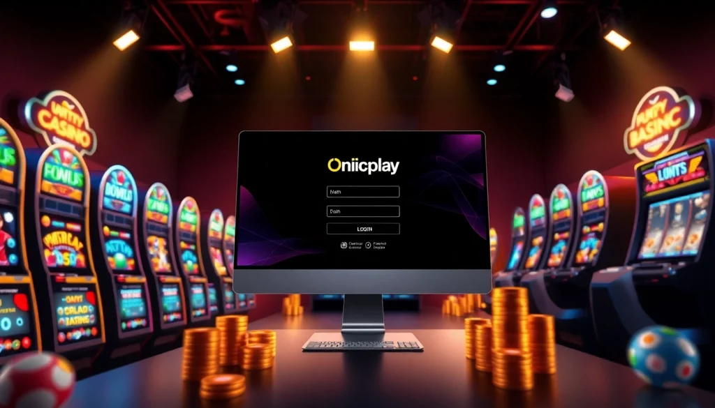 Login to Onicplay with an engaging online casino interface showcasing vibrant slot games and betting excitement.
