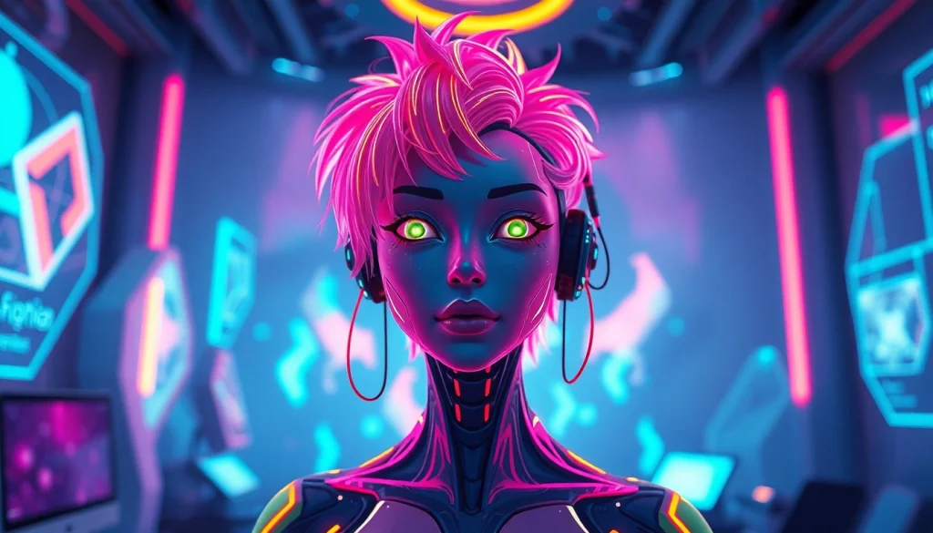 AI NSFW futuristic character surrounded by vibrant holographic elements.