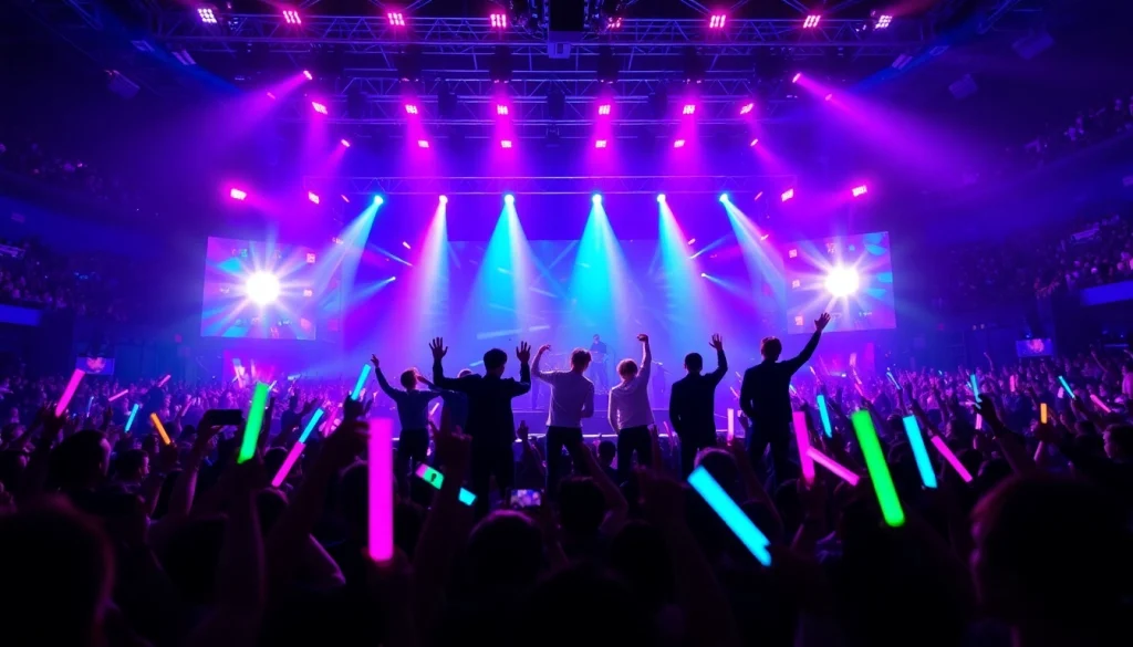 BTS news highlights energetic concert scene with members performing on stage, captivating fans.