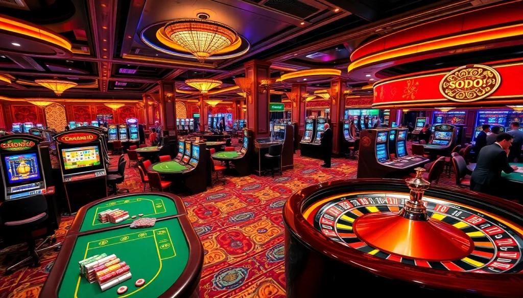 SODO Casino offers an exciting and professional gambling atmosphere with vibrant tables and slot machines.
