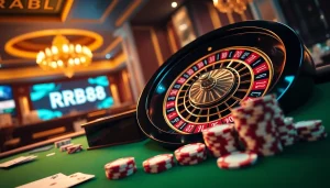 Experience the excitement of RR88 at a luxurious casino table filled with poker chips and cards.
