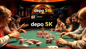 Engaging casino moment featuring players at a luxurious table, focusing on depo 5k excitement.