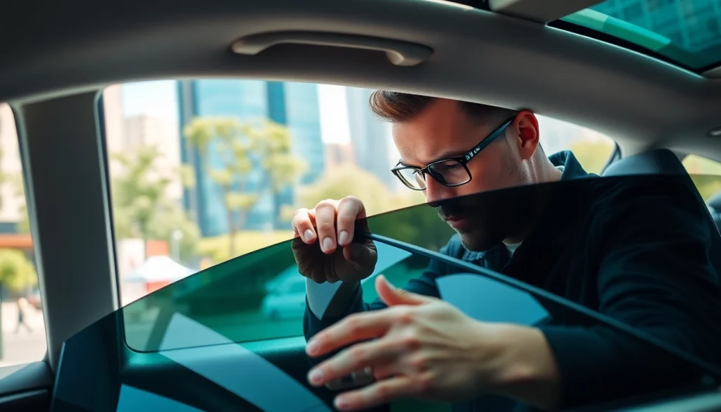 Experience window tinting Cleveland TN with expert application by a technician in a modern car interior.