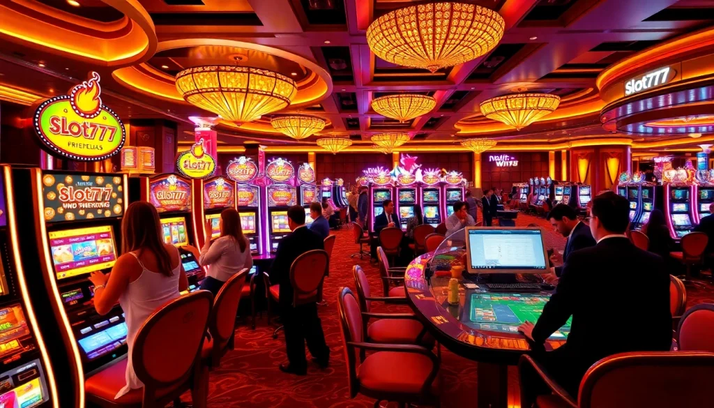 Excited players at slot777 machines in a luxurious casino setting.