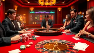 Pari à une table de casino fiable en ligne luxueuse avec des jetons de poker et des cartes.