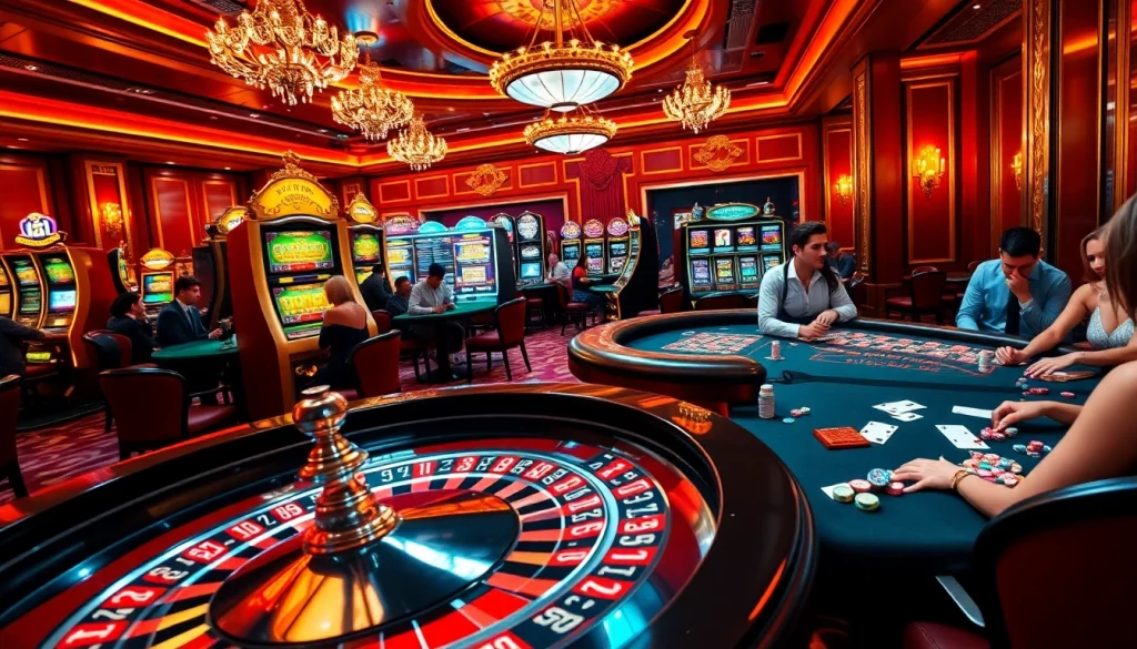 Scène de casino fiable en ligne avec une table de roulette vibrante et des joueurs engagés montrant de l'excitation.
