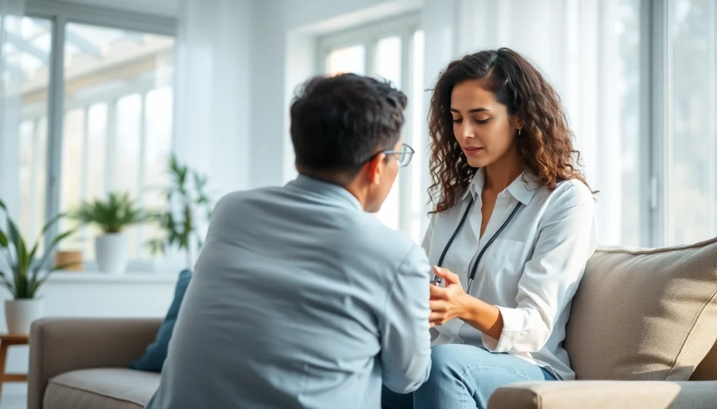 Illustration showing therapist discussing depression symptoms with a client in a calming setting.