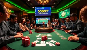 Sbobet link alternatif displayed on a digital screen at a luxurious casino gaming table with excited gamblers.