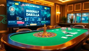Découvrez l'excitation d'un casino fiable en ligne avec une scène de jeu dynamique de roulette, cartes et jetons.