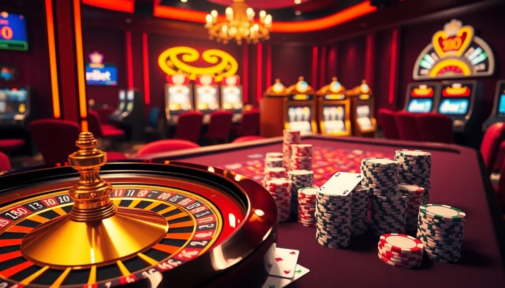 Experience the excitement of SHBET's vibrant casino atmosphere with poker chips, roulette wheel, and lively gaming action.