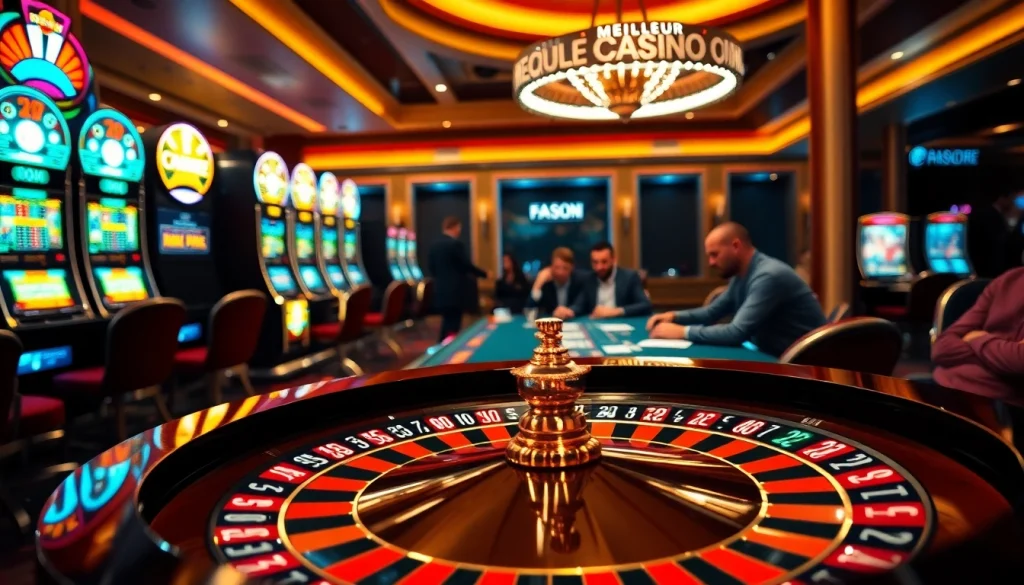 Scène captivante de joueurs au meilleur casino en ligne France avec des machines à sous vibrantes et des tables de poker.
