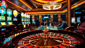Scène captivante de joueurs au meilleur casino en ligne France avec des machines à sous vibrantes et des tables de poker.