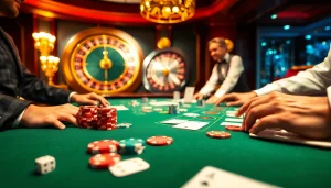 Un jeu de blackjack dynamique dans un casino fiable en ligne mettant en avant des croupiers professionnels et des jetons de poker vibrants.