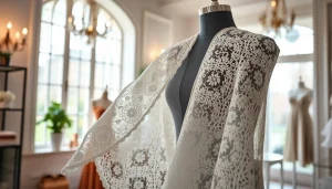 Koop kant stof met elegantere ontwerpen en levendige kleuren in deze stijlvolle winkelomgeving.