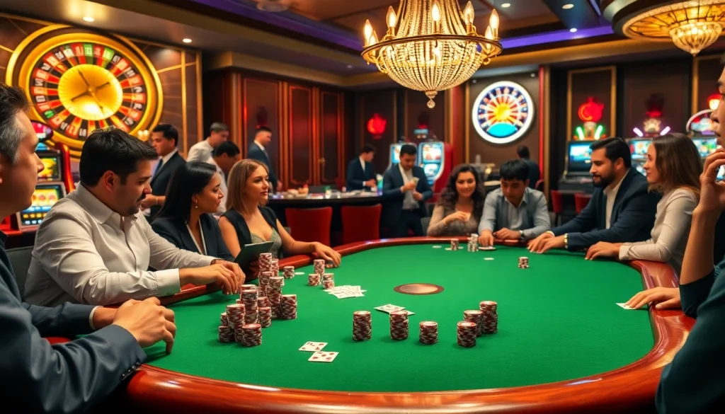 Une partie de poker palpitante dans un casino fiable en ligne avec des joueurs divers et des jetons de poker vibrants, montrant l'excitation et l'expertise.