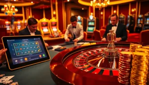 Vivez l'excitation d'un 'casino en ligne fiable' avec une élégante roulette et des joueurs engagés dans un cadre haut de gamme.
