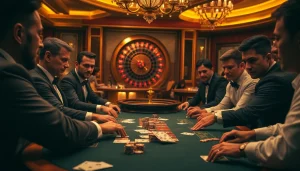 Une partie de poker à enjeux élevés dans un élégant casino fiable en ligne, avec des joueurs concentrés sur leurs cartes et des jetons de casino visibles.