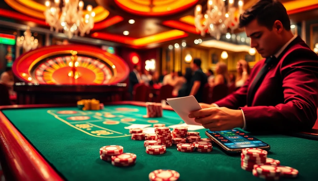 Une scène de casino animée démontrant une expérience de casino fiable en ligne avec une table de jeu glamour et des joueurs enthousiastes.