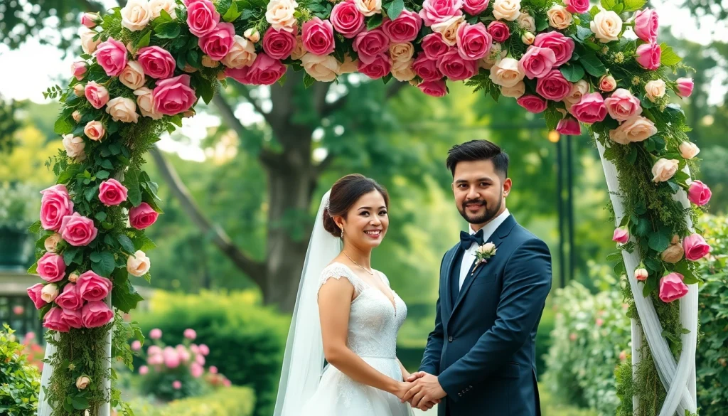 Captivating wedding photography of a couple under a floral arch surrounded by lush gardens and soft lighting.